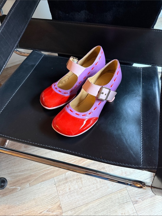 John Fluevog Shoes - John Fluevog Red Patent and Purple Mary Jane Heels
